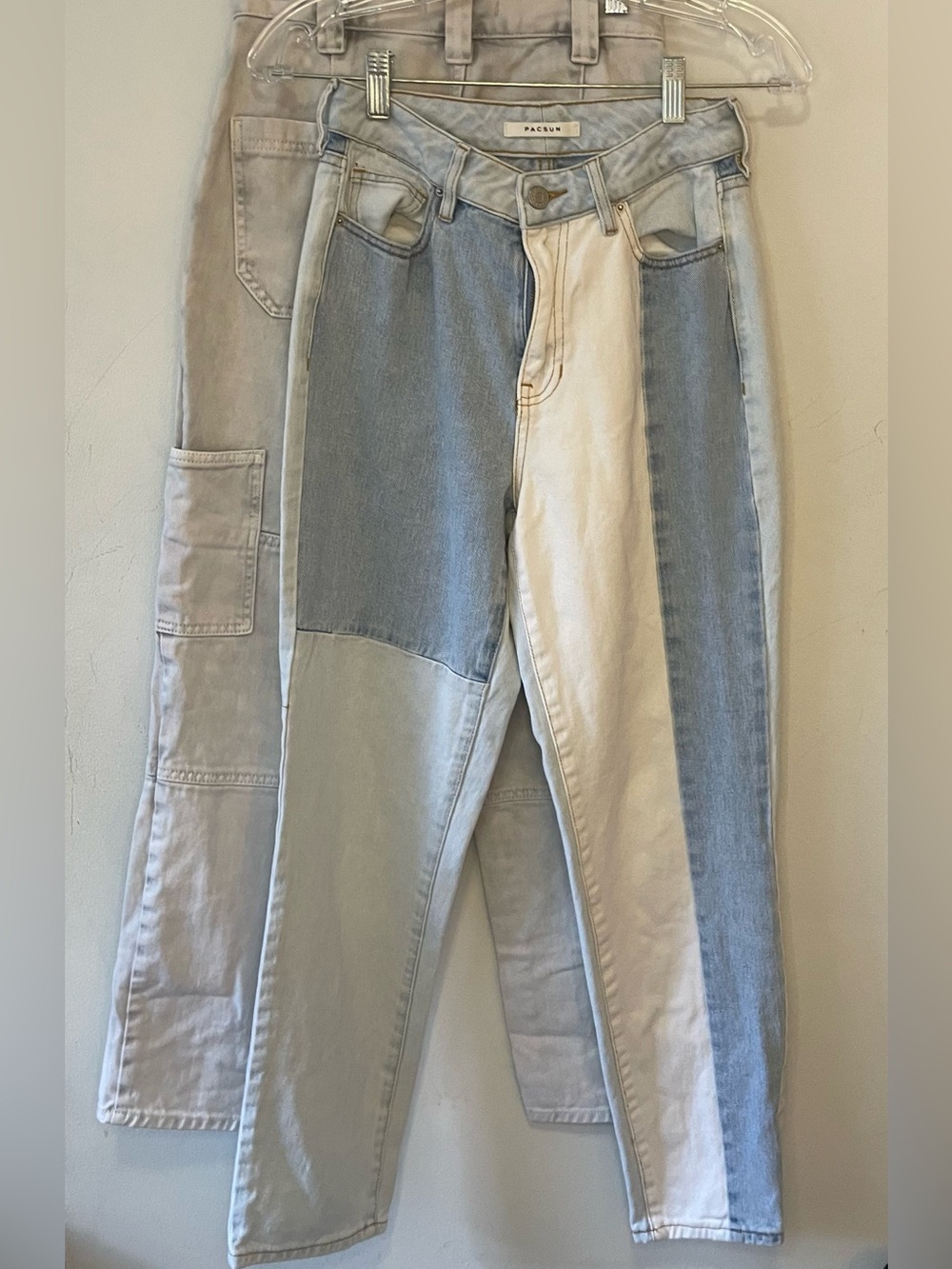 2 Pairs PacSun High Waisted Mom Jeans: Colorblock & Light Wash